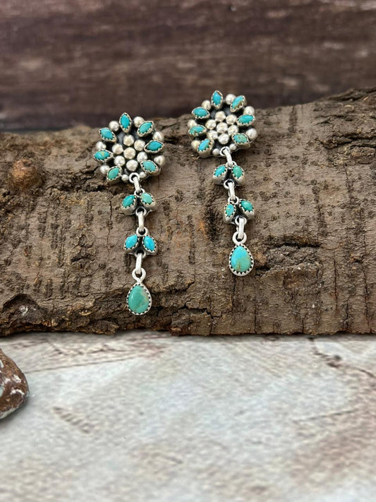 Handmade Sterling Silver Kingman Turquoise Post Dangle Earrings with Signed Nizhoni