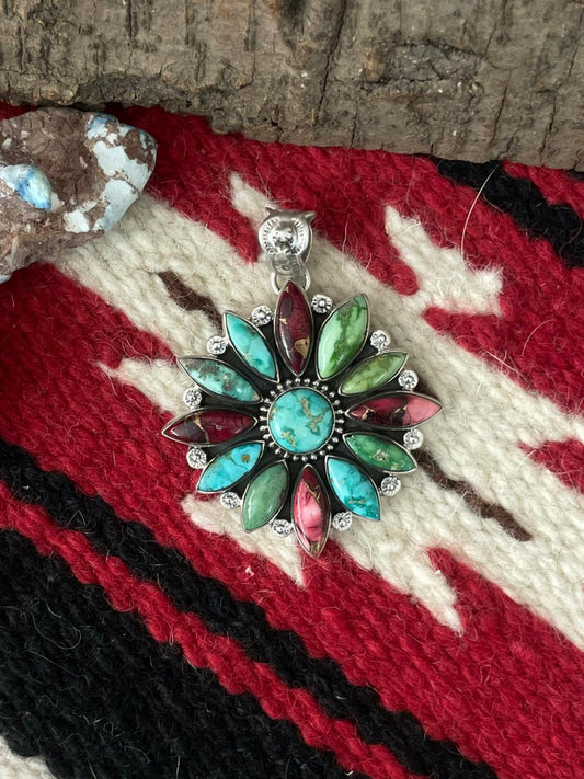 Handmade Sterling Silver Dahlia Rose with Emerald Valley Turquoise Pendant "Signed Nizhoni"