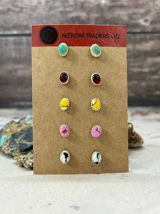 Handmade Sterling Silver Multistone Post Earring Set "Signed Nizhoni".