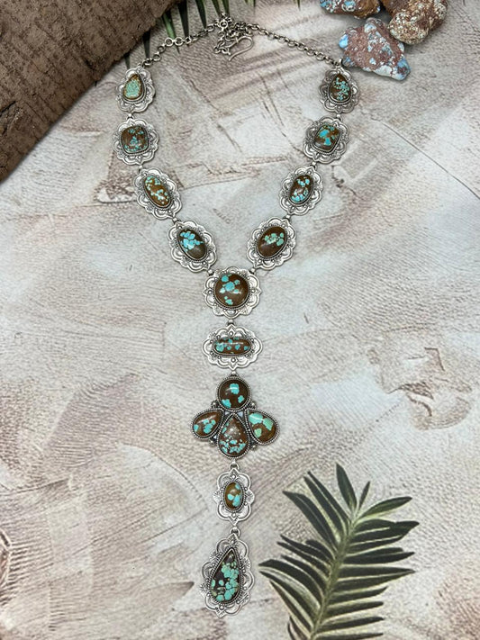 Handmade Sterling Silver Number 8 Turquoise Lariat Necklace with Signed Nizhoni
