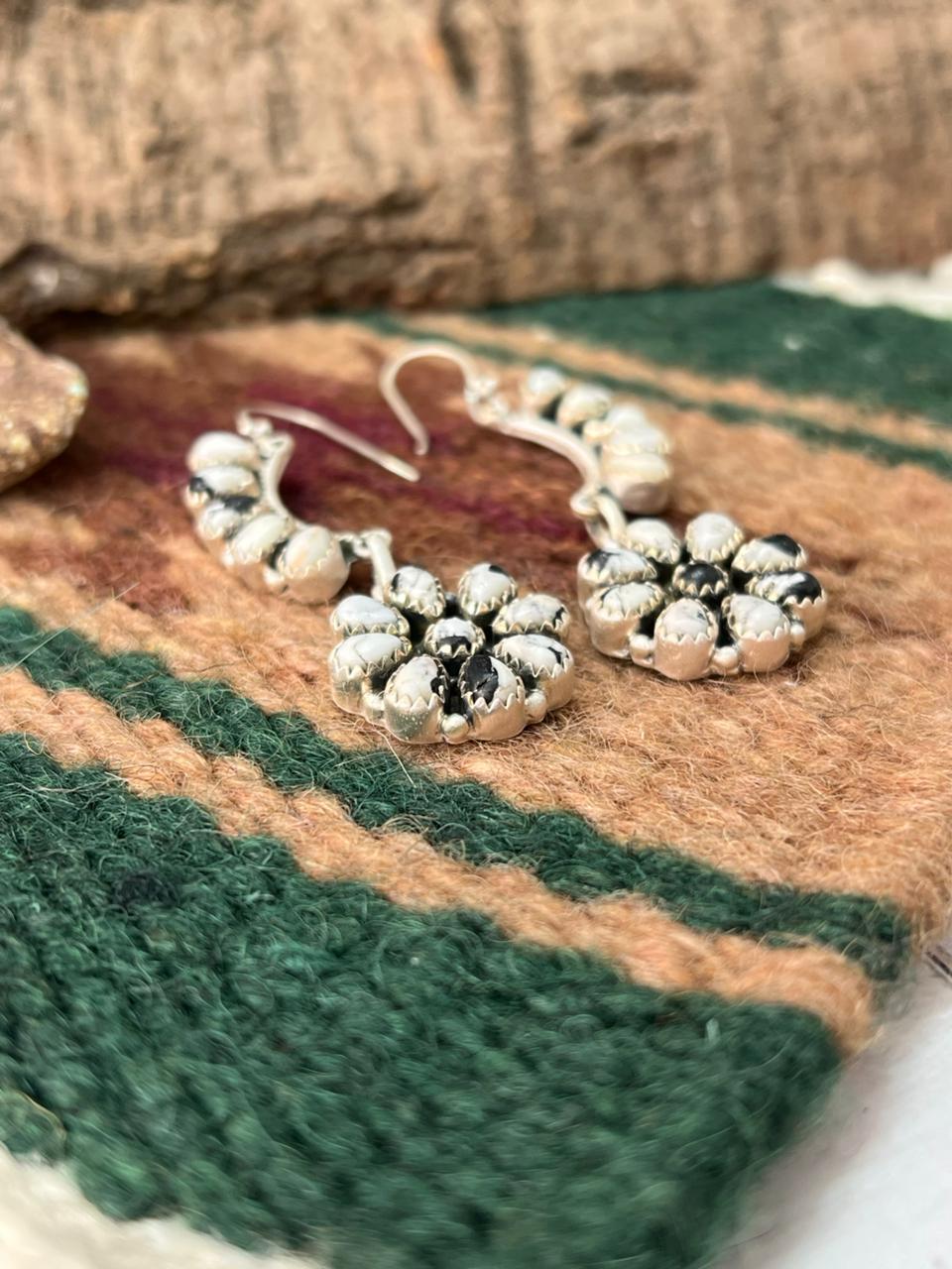 Handmade Sterling Silver White Buffalo Post Dangle Earrings with Signed Nizhoni (7)