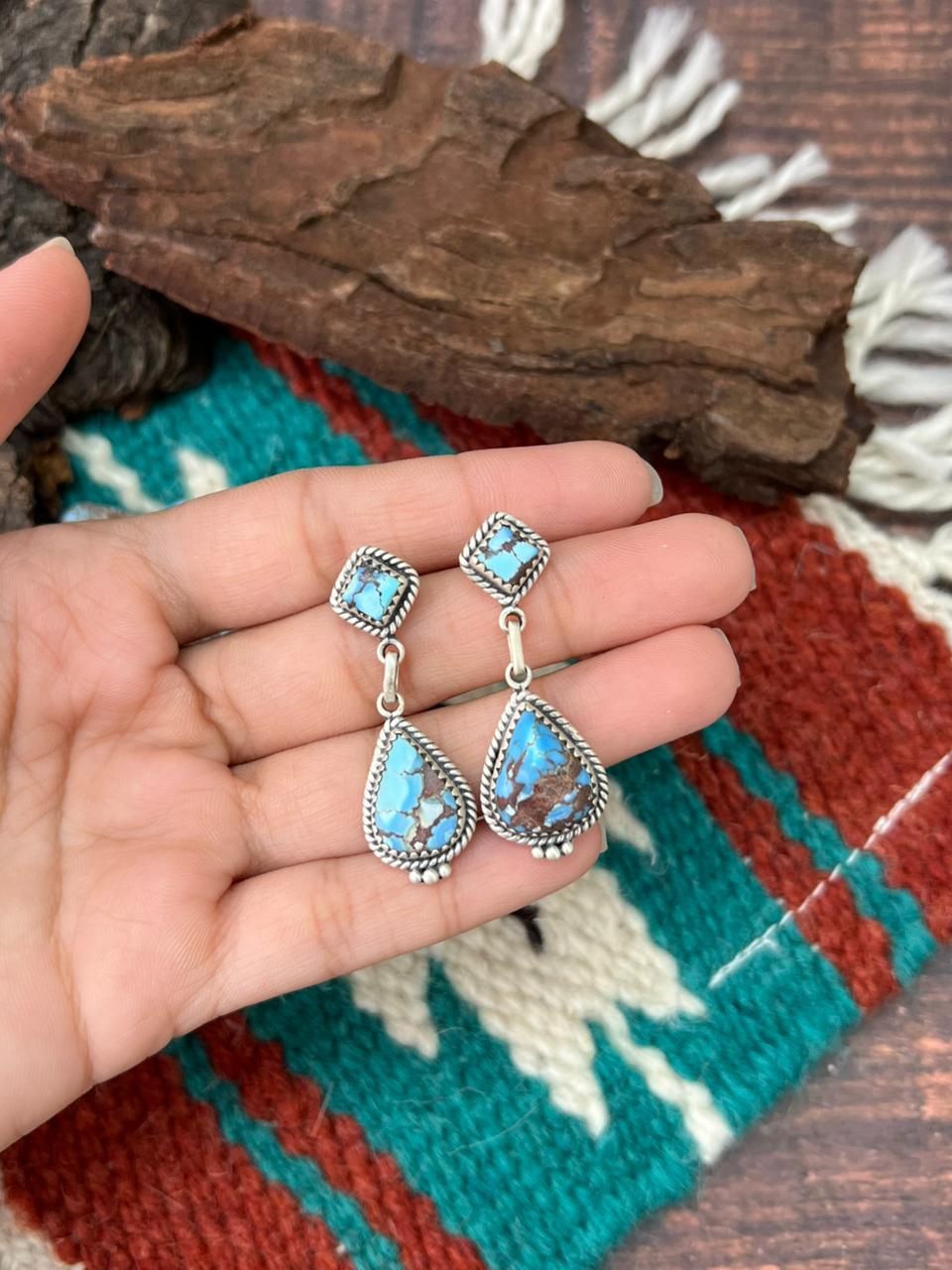 Handmade Sterling Silver Golden Hills Turquoise Post Dangle Earrings "Signed Nizhoni"