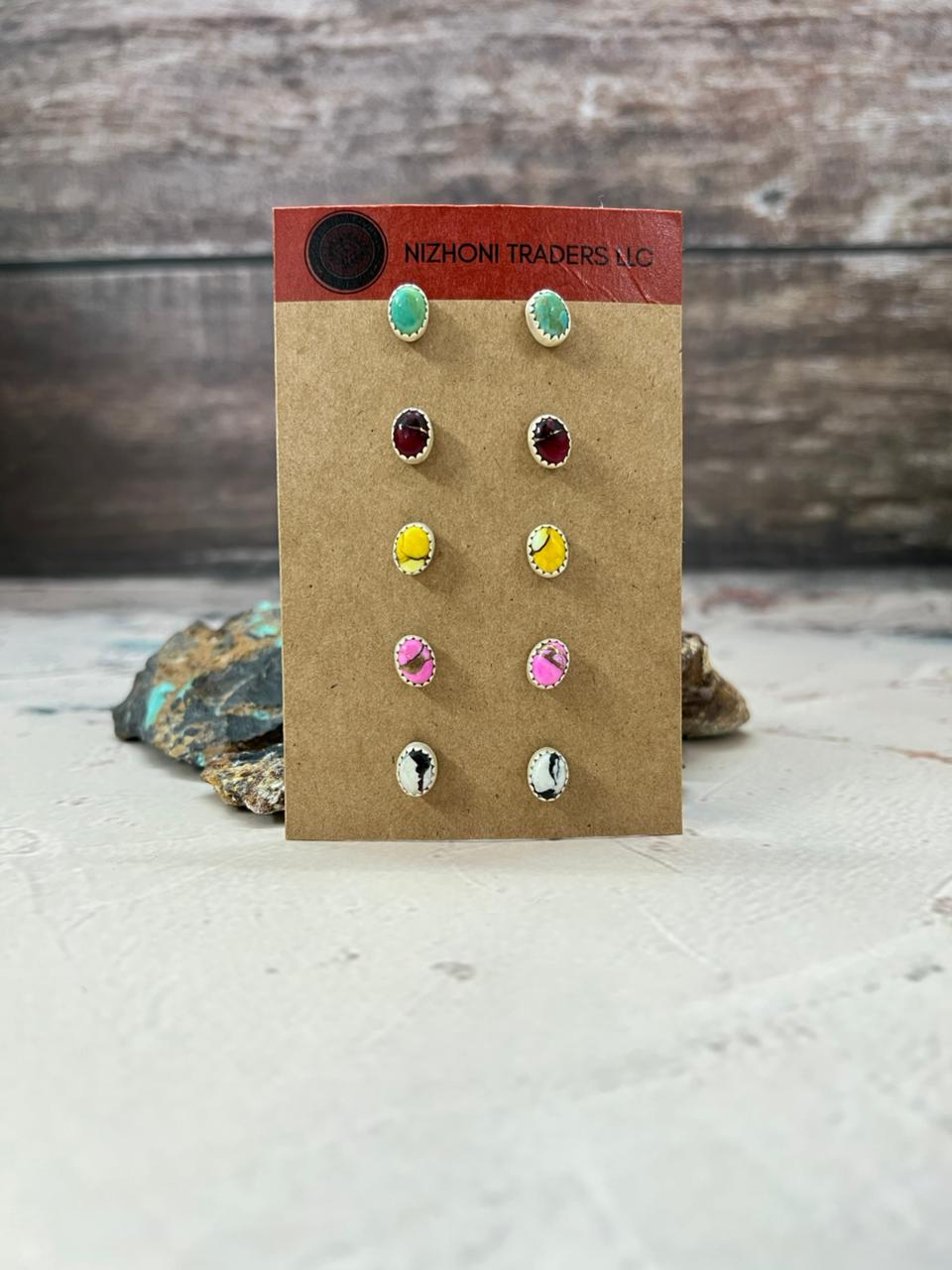 Handmade Sterling Silver Multistone Post Earring Set "Signed Nizhoni".