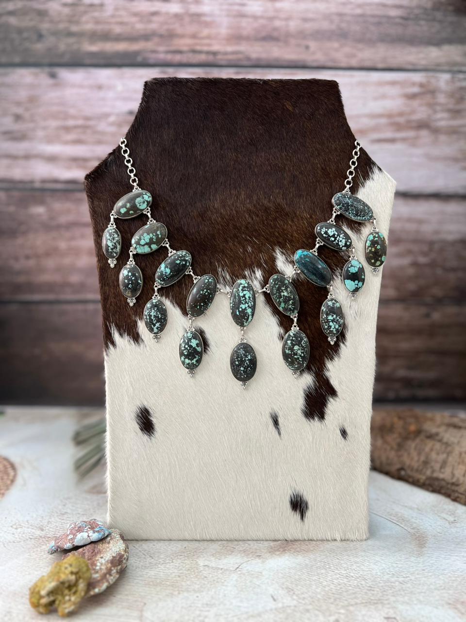 Handmade Sterling Silver Lander Turquoise Necklace with Signed Nizhoni