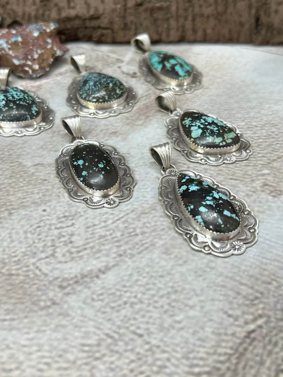 Handmade Sterling Silver Lander Turquoise Pendant with Signed Nizhoni