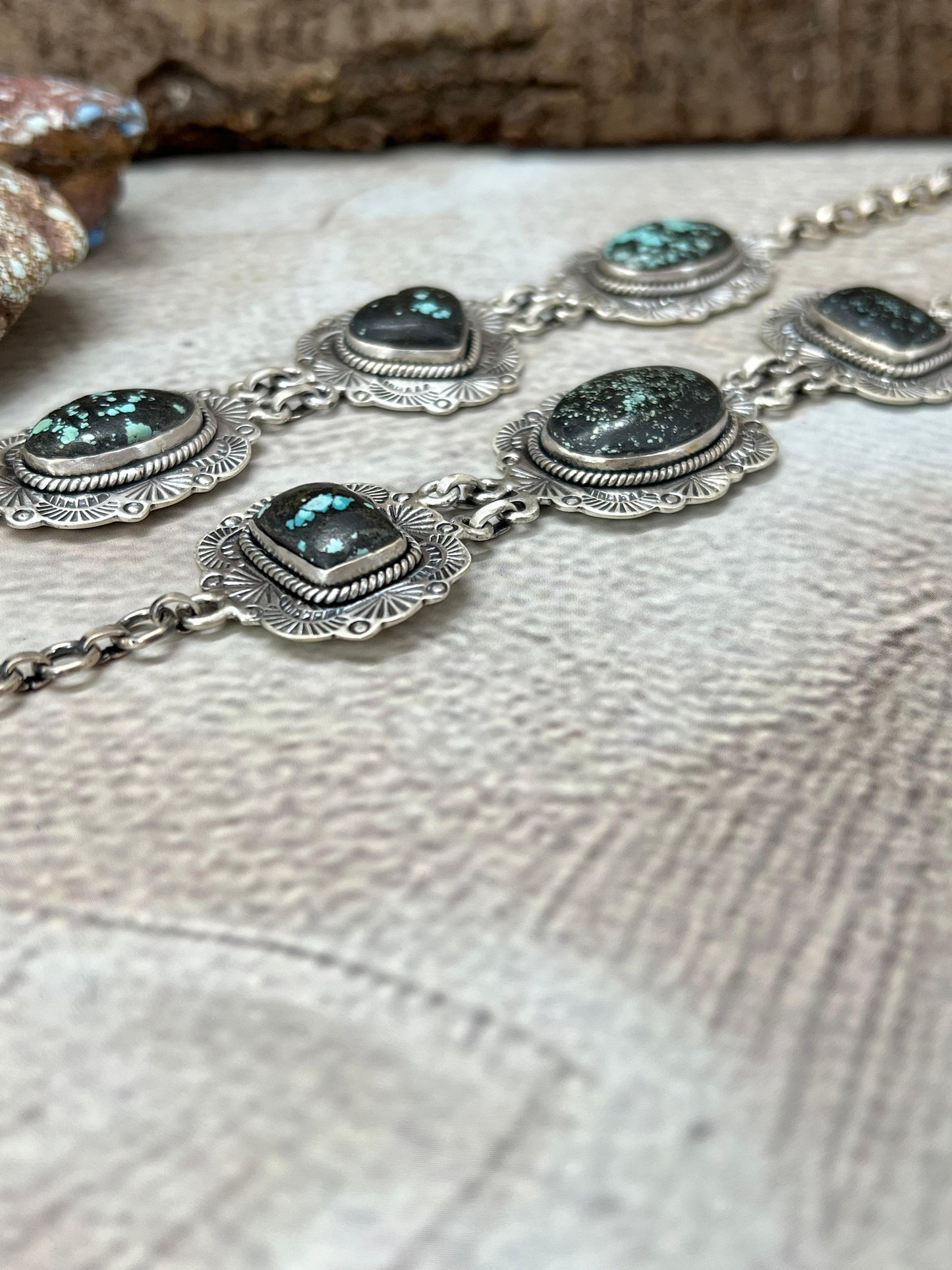 Handmade Sterling Silver Lander Turquoise Chain Bracelet with Signed Nizhoni