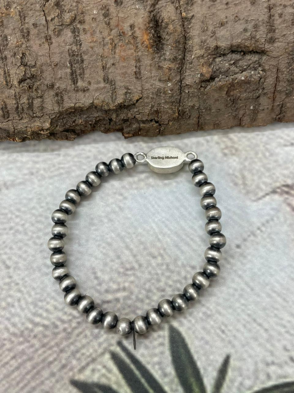 Handmade Sterling Silver Palomino Turquoise Beaded Chain Bracelet with Signed Nizhoni