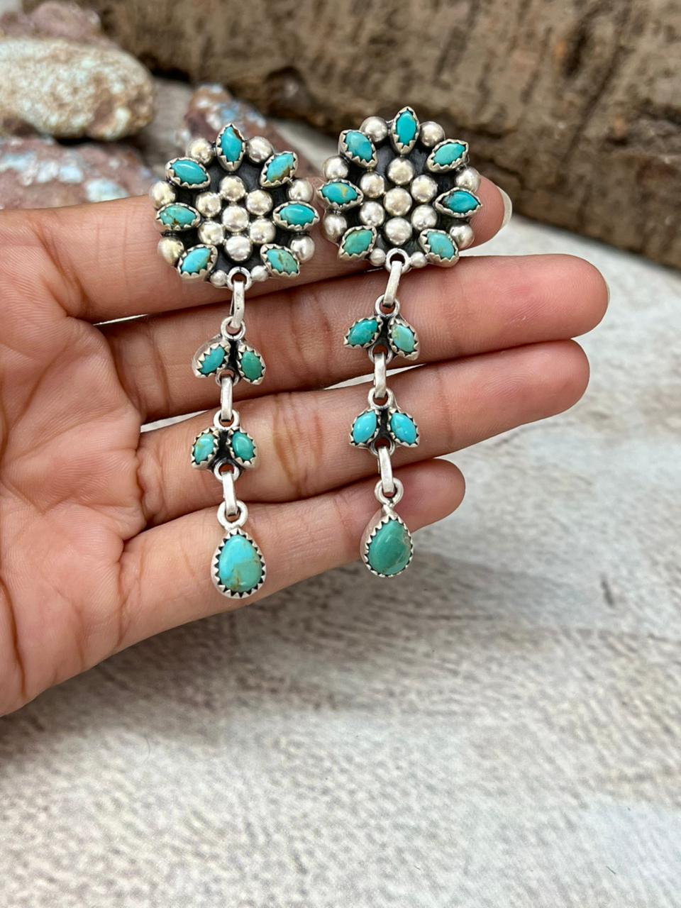 Handmade Sterling Silver Kingman Turquoise Post Dangle Earrings with Signed Nizhoni