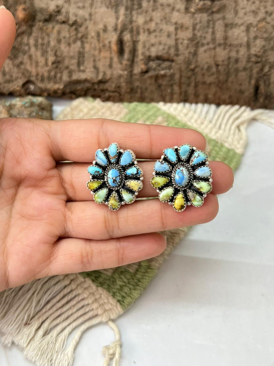 Handmade Sterling Silver Palomino with Golden Hills Turquoise Post Studs "Signed Nizhoni"