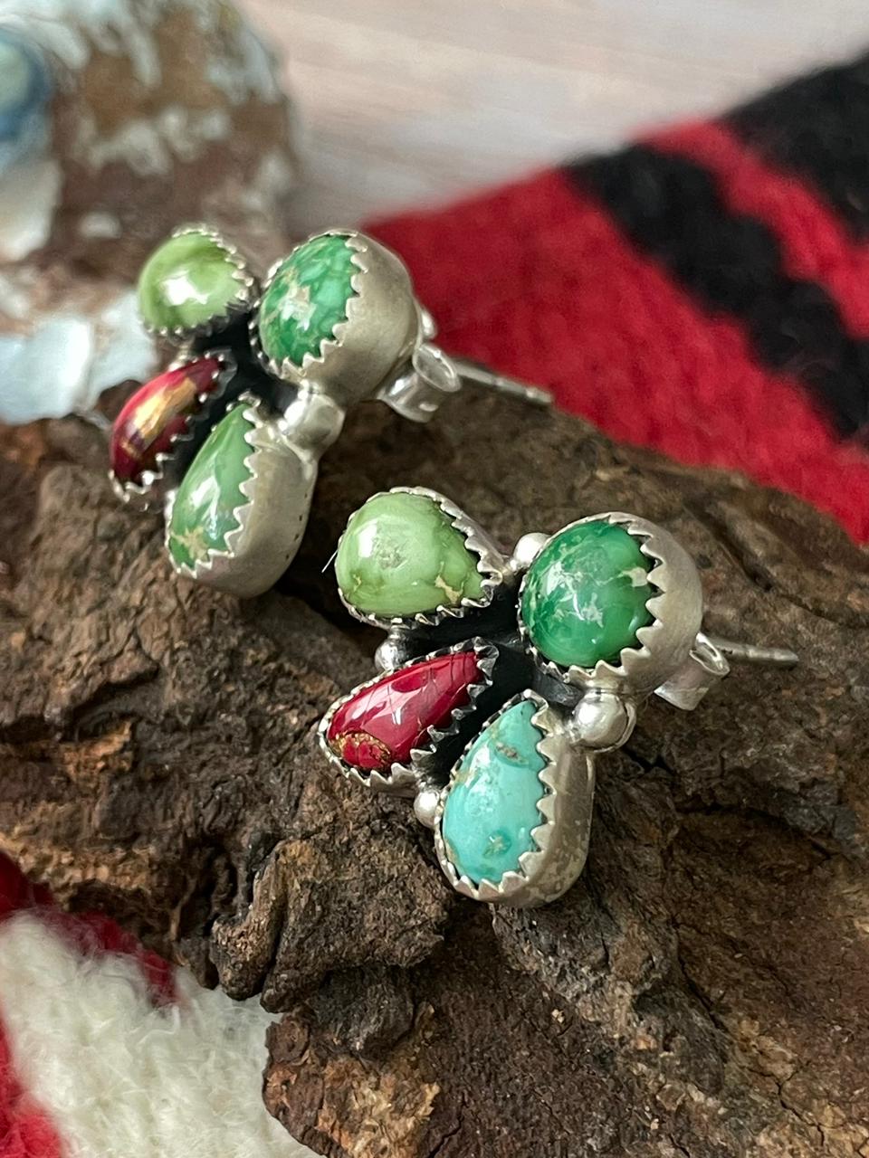 Handmade Sterling Silver Dahlia Rose with Emerald Valley Turquoise Post Earrings "Signed Nizhoni"