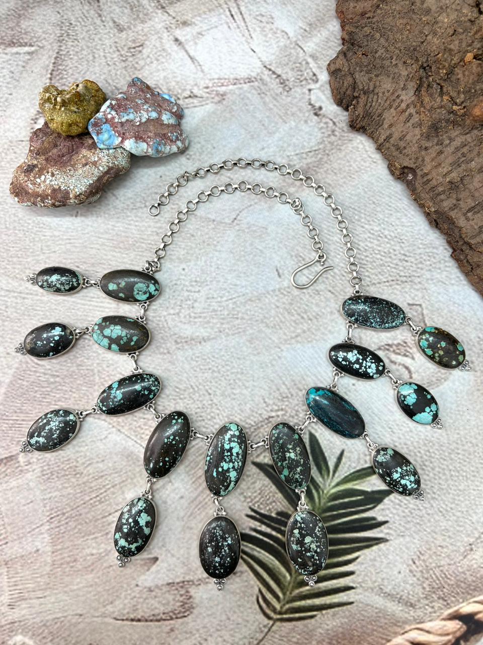 Handmade Sterling Silver Lander Turquoise Necklace with Signed Nizhoni