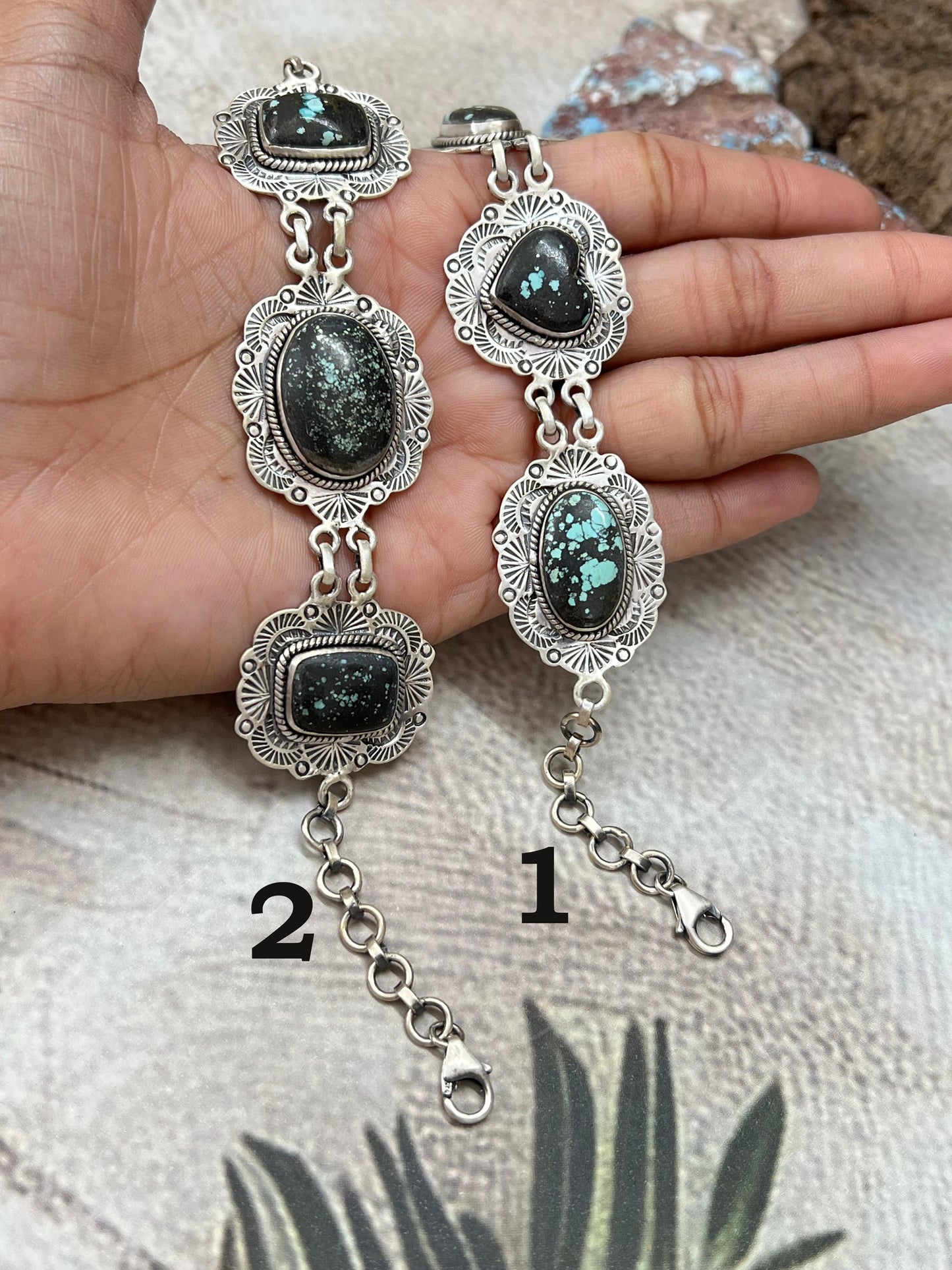 Handmade Sterling Silver Lander Turquoise Chain Bracelet with Signed Nizhoni