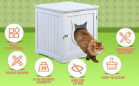 Cat house side table in espresso wood finish with decorative cat hole, shown in a cozy living room setting.