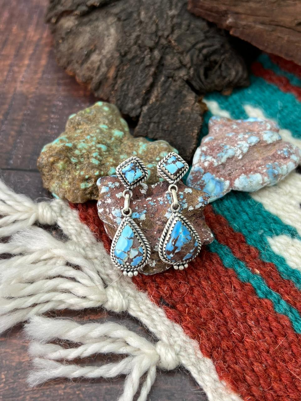 Handmade Sterling Silver Golden Hills Turquoise Post Dangle Earrings "Signed Nizhoni"