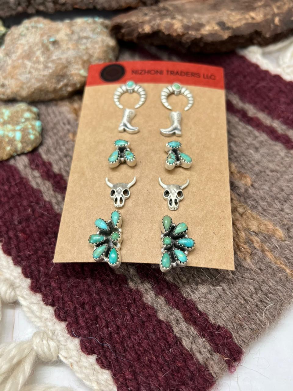 Handmade Sterling Silver Kingman Turquoise Post Studs (Cards) Earring Set
