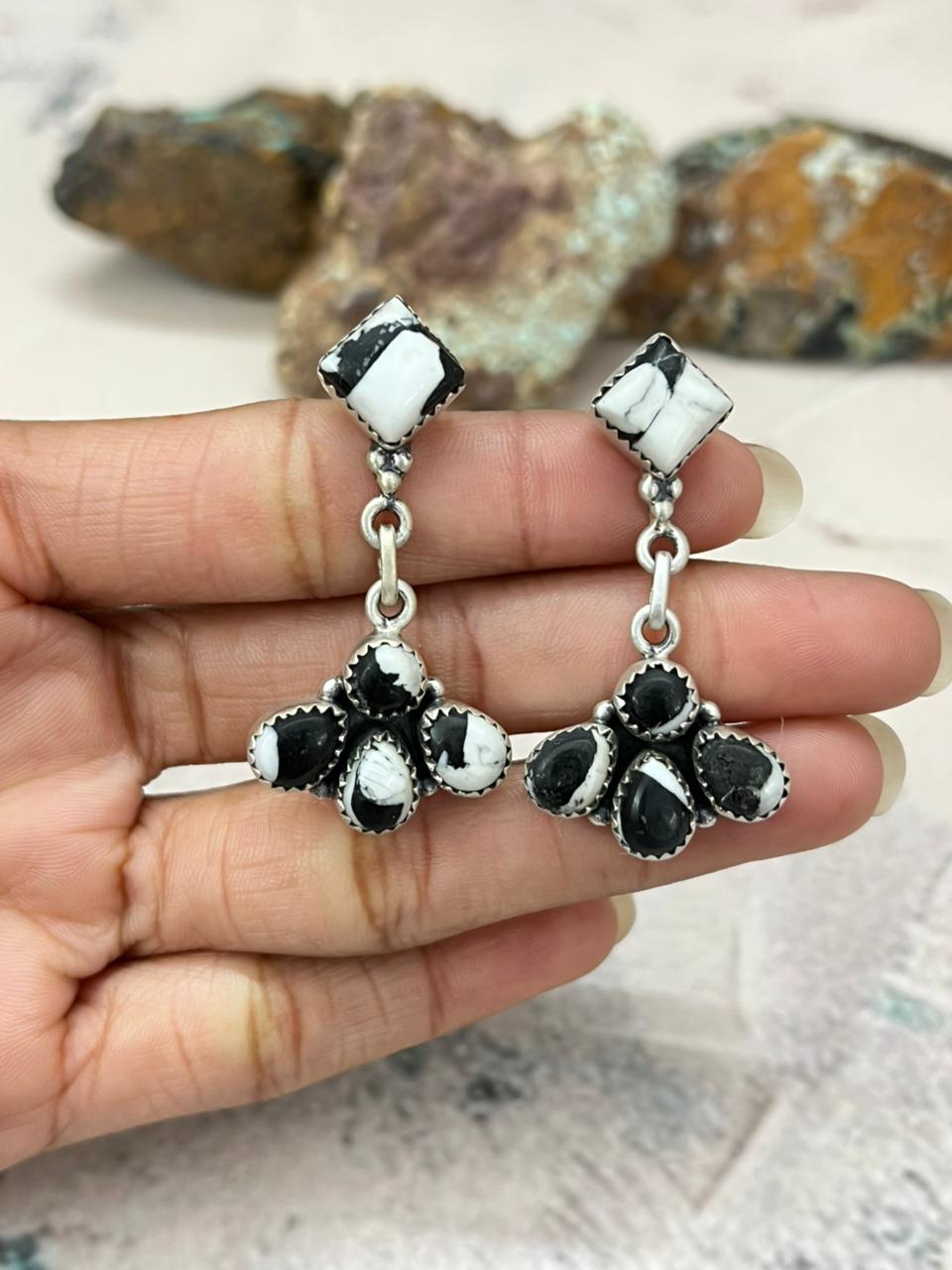 Handmade Sterling Silver White Buffalo Post Dangle Earrings "Signed Nizhoni"