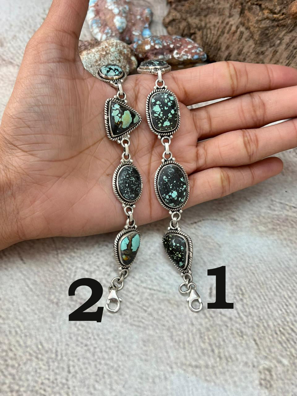 Handmade Sterling Silver Lander Turquoise Chain Bracelet with Signed Nizhoni