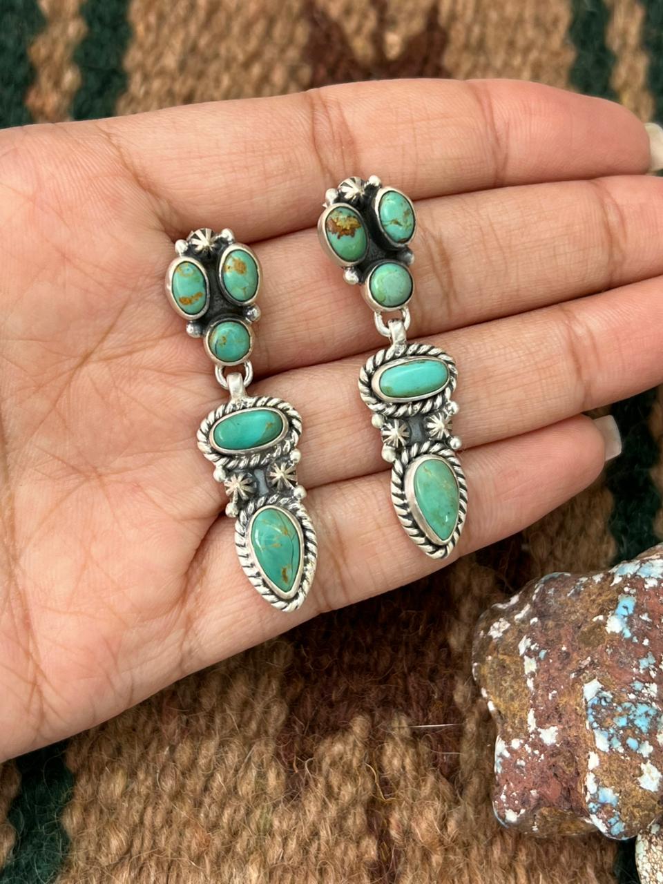 Handmade Sterling Silver Kingman Turquoise Post Dangle Earrings with Signed Nizhoni