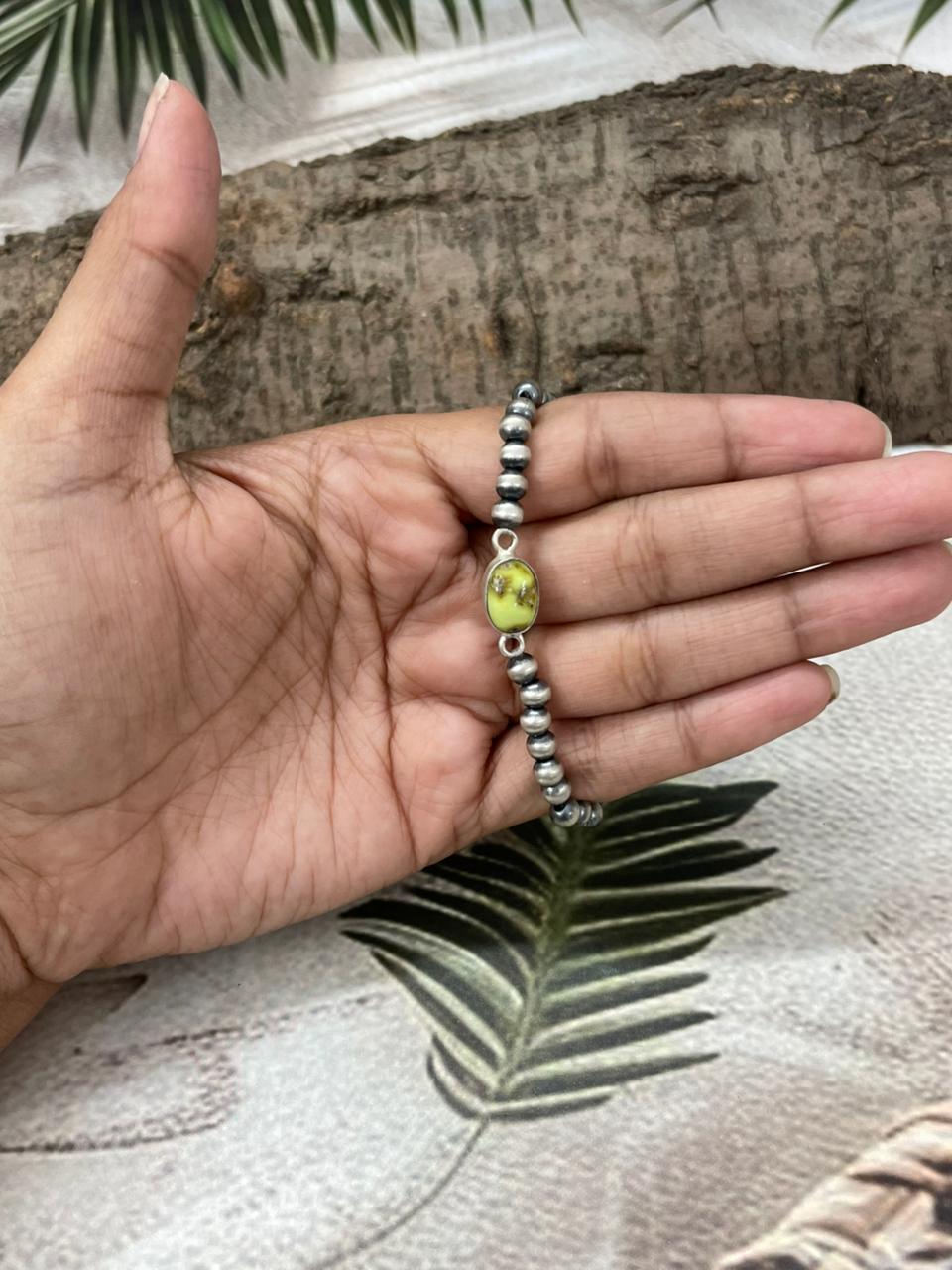 Handmade Sterling Silver Palomino Turquoise Beaded Chain Bracelet with Signed Nizhoni