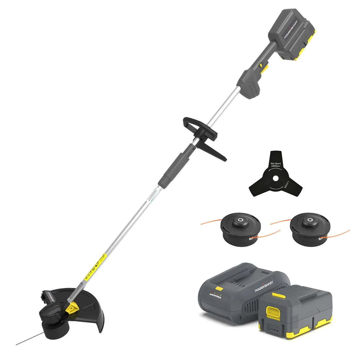 Top view of 40V cordless brush cutter showing cutting blade and ergonomic handle