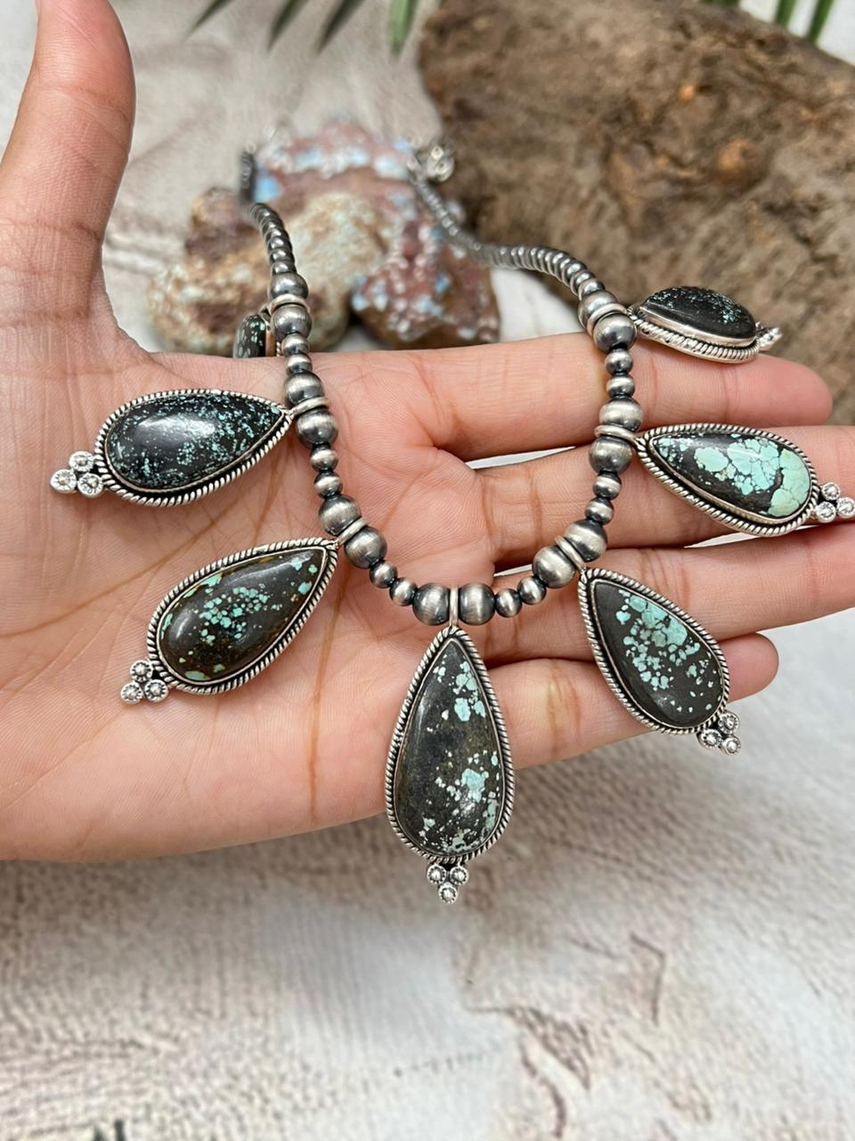 Handmade Sterling Silver Lander Turquoise Beaded Necklace with Signed Nizhoni