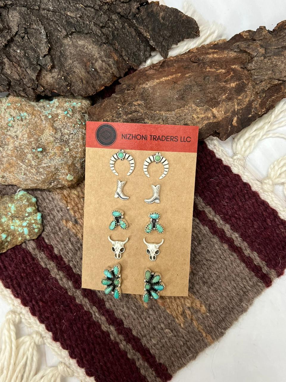 Handmade Sterling Silver Kingman Turquoise Post Studs (Cards) Earring Set