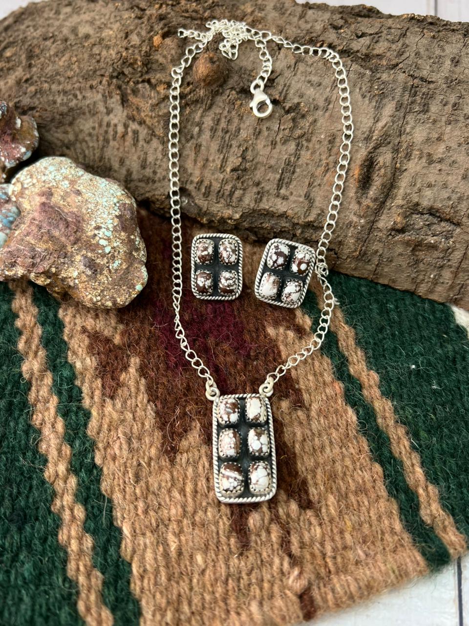 Handmade Sterling Silver Wild Horse Magnesite Necklace Earrings Set with Signed Nizhoni