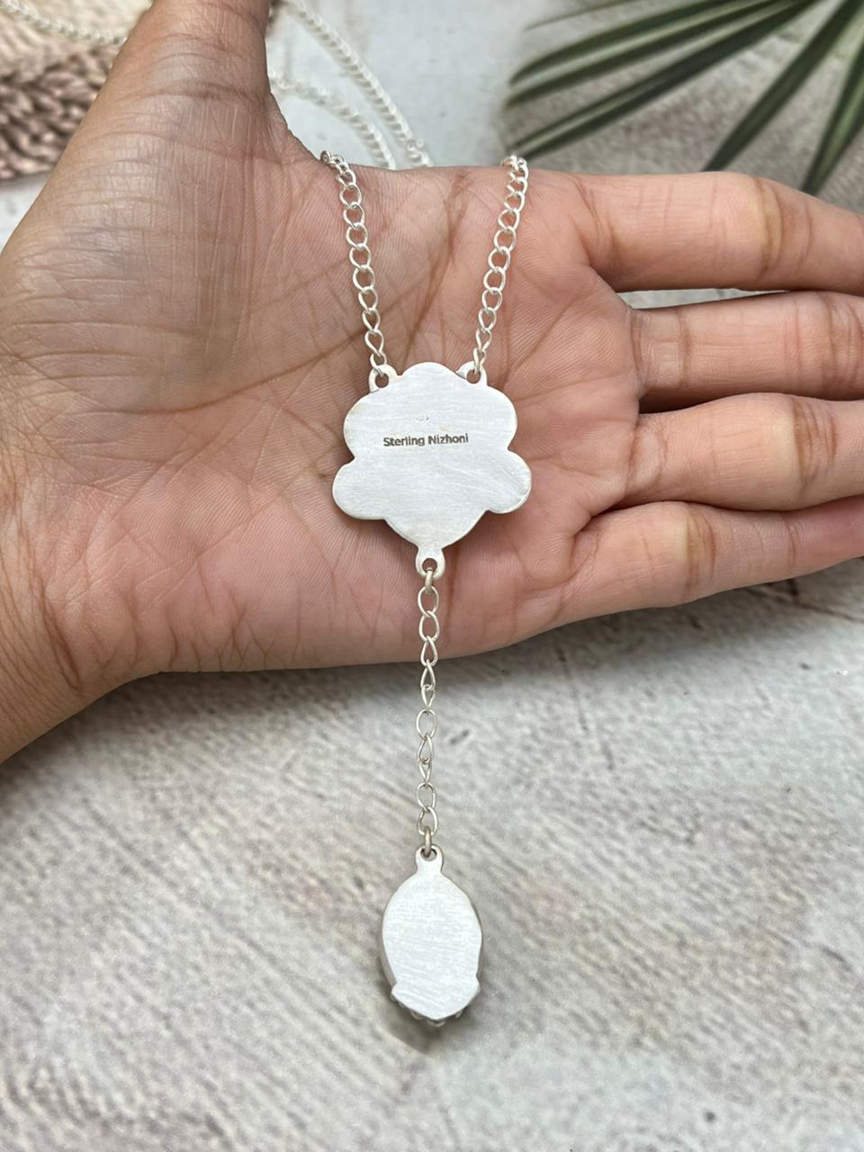 Handmade Sterling Silver Old Stock Royston Turquoise Necklace with Signed Nizhoni