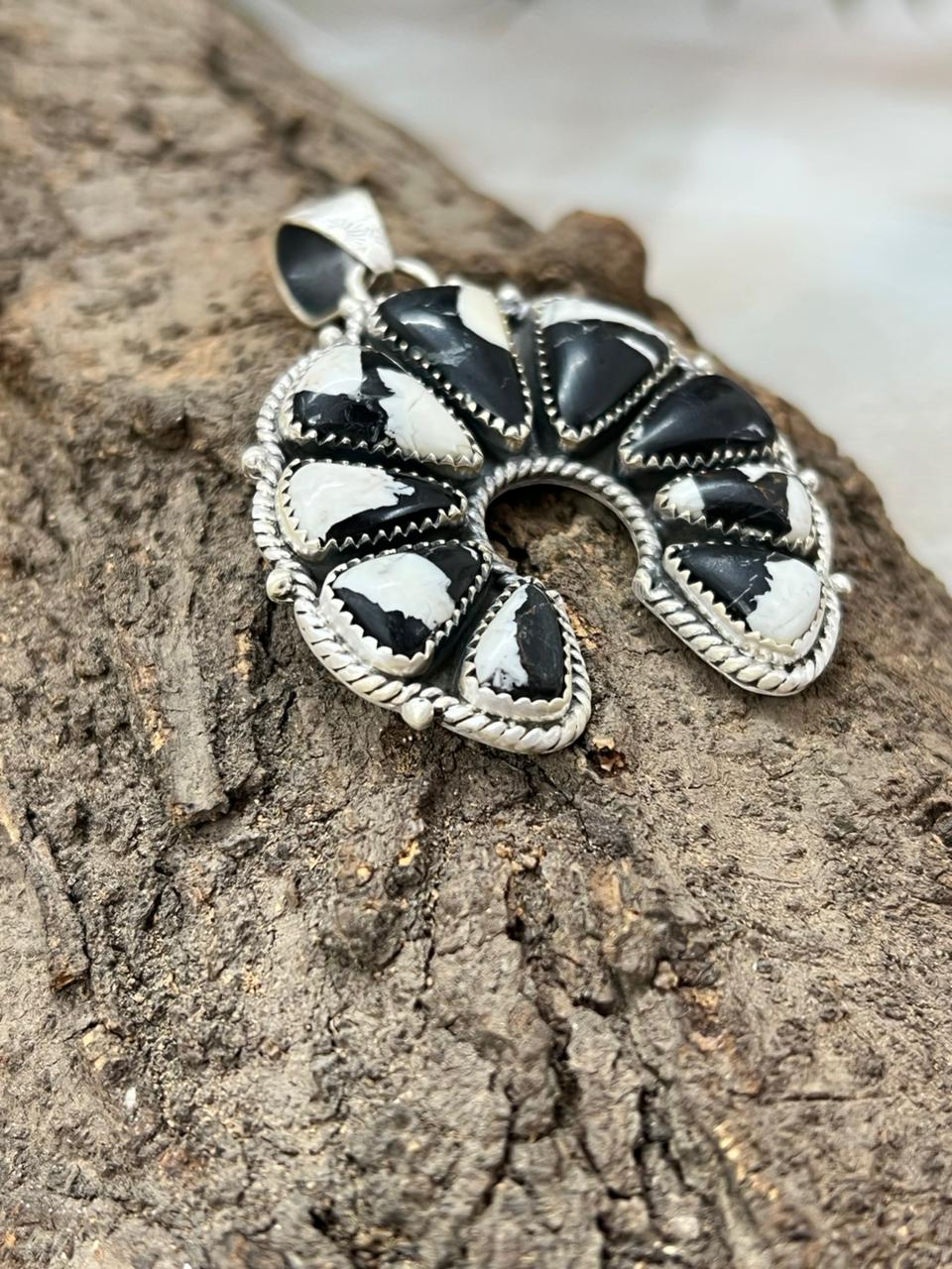 Handmade Sterling Silver White Buffalo Naja Pendant with Signed Nizhoni (5)