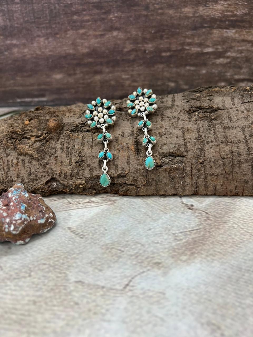 Handmade Sterling Silver Kingman Turquoise Post Dangle Earrings with Signed Nizhoni