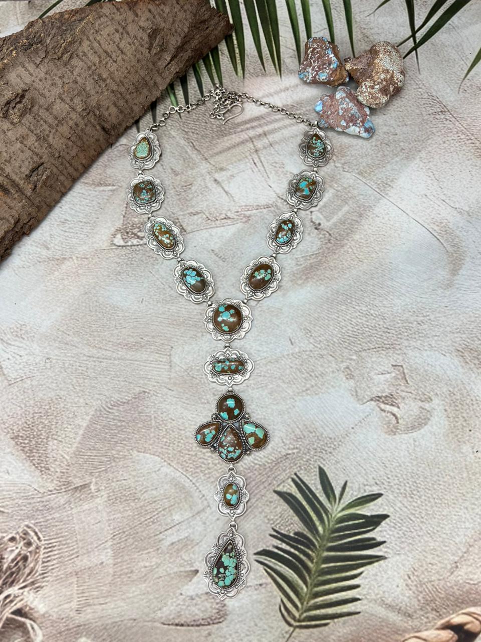 Handmade Sterling Silver Number 8 Turquoise Lariat Necklace with Signed Nizhoni