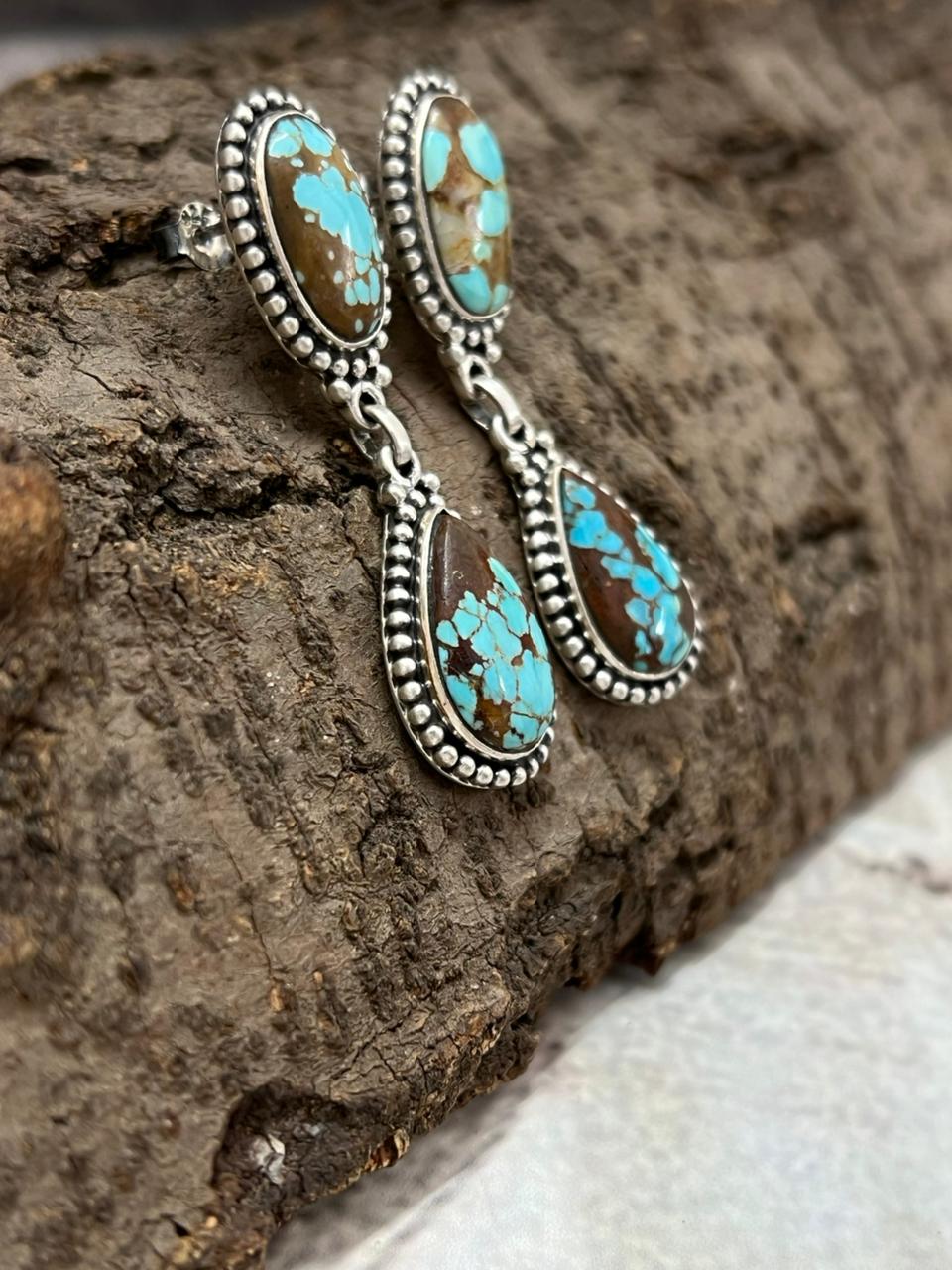 Handmade Sterling Silver Number 8 Turquoise Post Dangle Earrings with Signed Nizhoni (3)