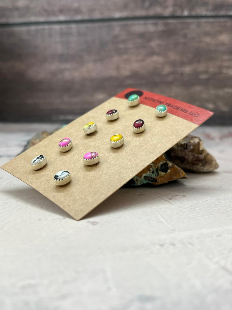 Handmade Sterling Silver Multistone Post Earring Set "Signed Nizhoni".