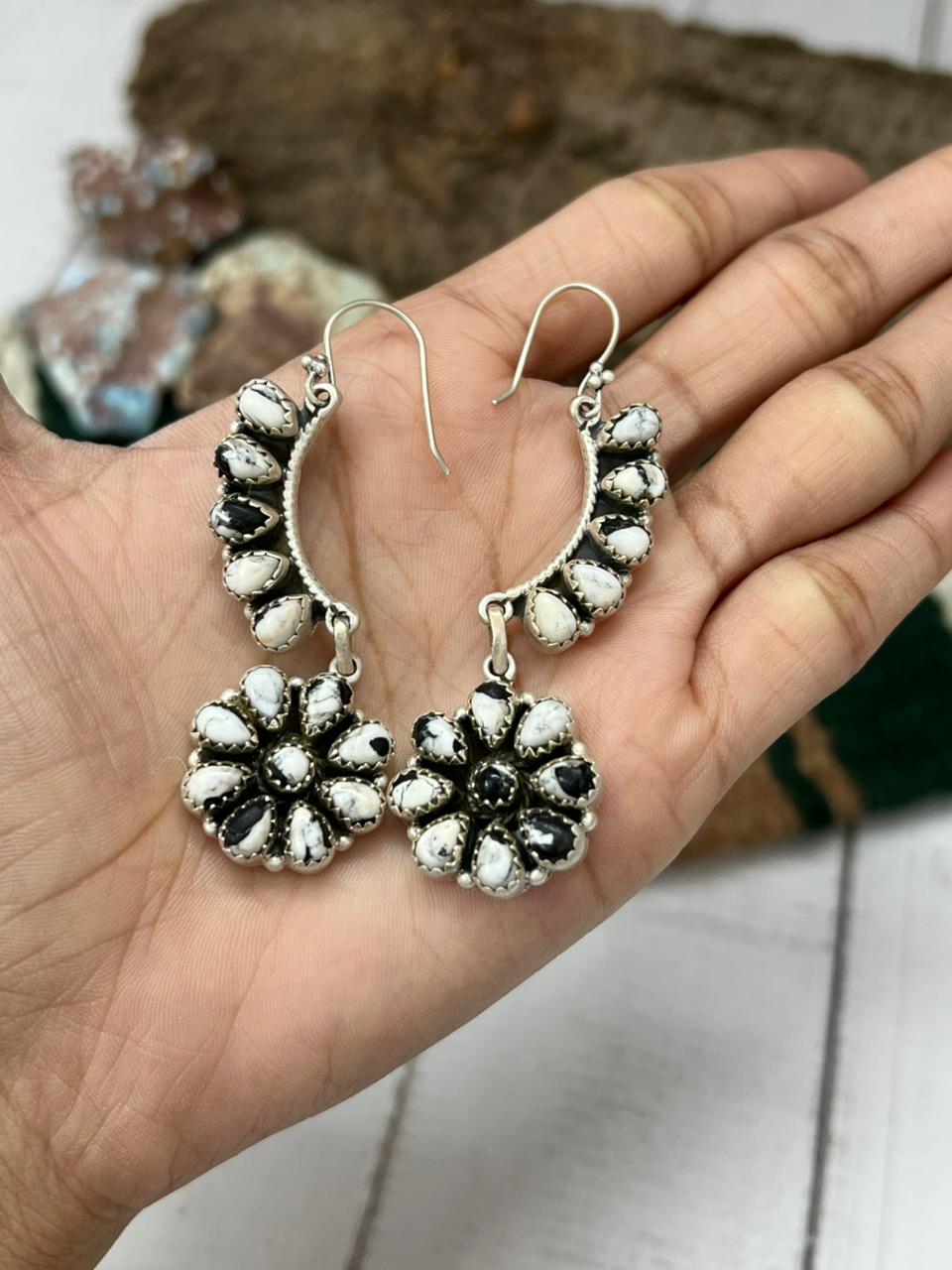 Handmade Sterling Silver White Buffalo Post Dangle Earrings with Signed Nizhoni (7)