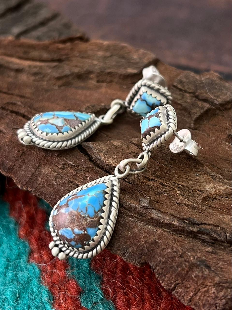 Handmade Sterling Silver Golden Hills Turquoise Post Dangle Earrings "Signed Nizhoni"