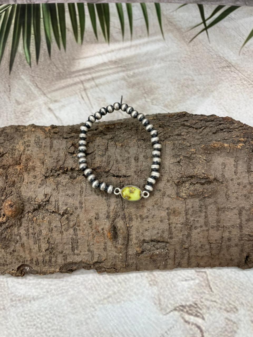 Handmade Sterling Silver Palomino Turquoise Beaded Chain Bracelet with Signed Nizhoni