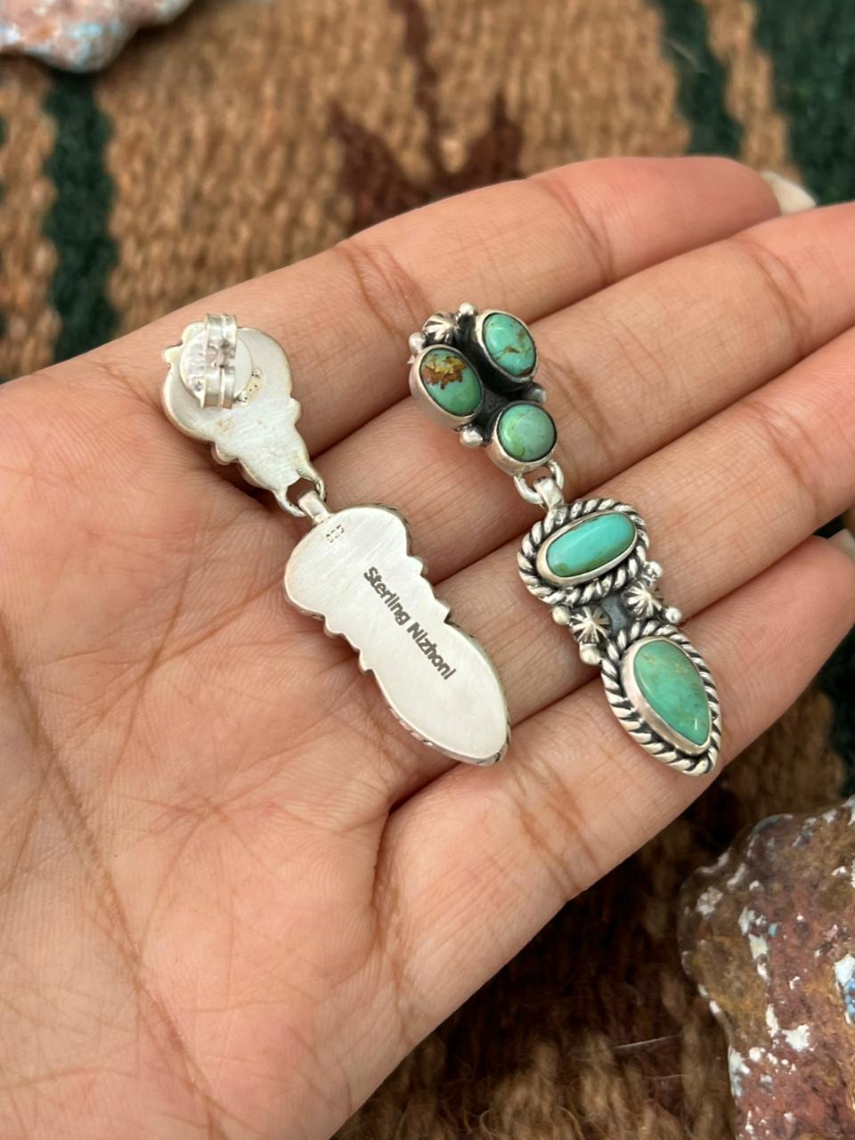 Handmade Sterling Silver Kingman Turquoise Post Dangle Earrings with Signed Nizhoni