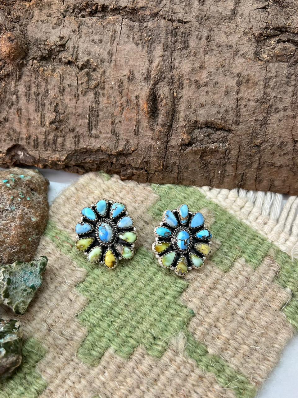 Handmade Sterling Silver Palomino with Golden Hills Turquoise Post Studs "Signed Nizhoni"