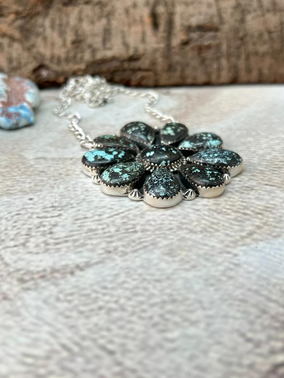 Handmade Sterling Silver Lander Turquoise Necklace with Signed Nizhoni