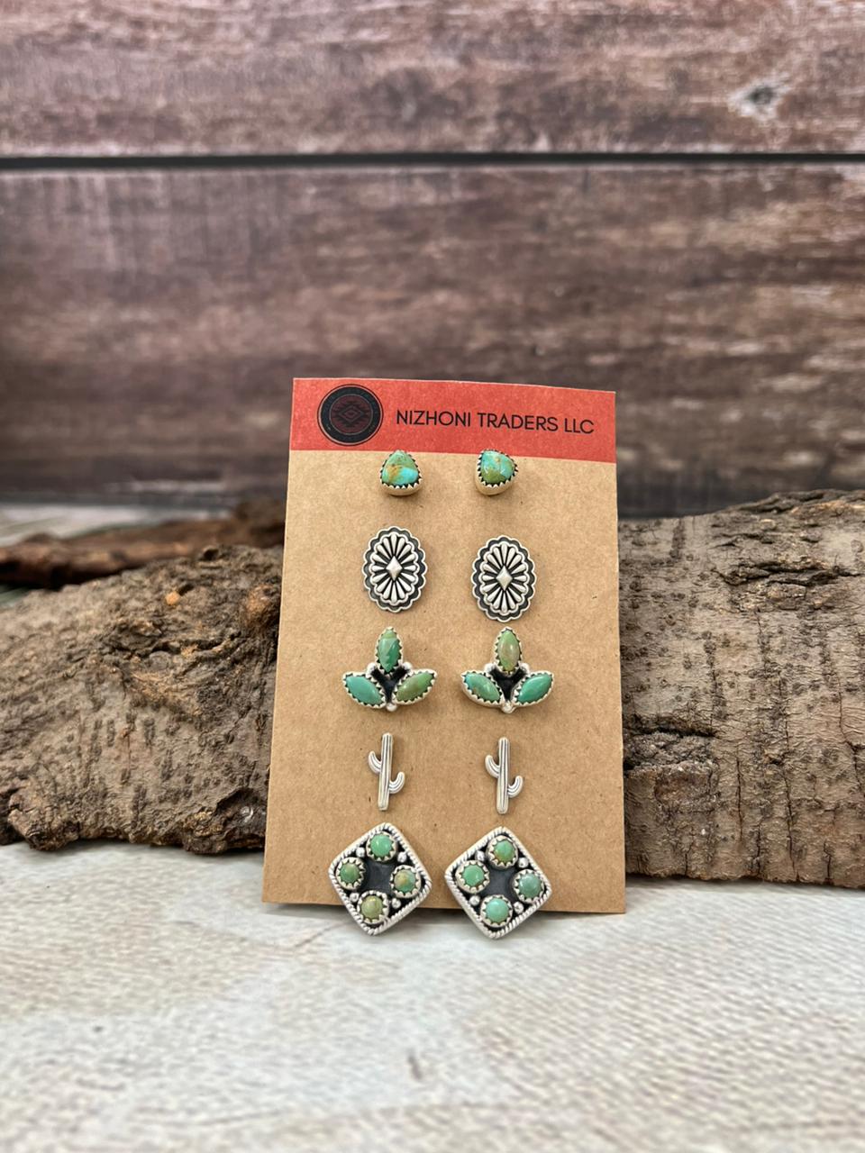 Handmade Sterling Silver with Kingman Turquoise Post Earrings (Studs), Signed Nizhoni
