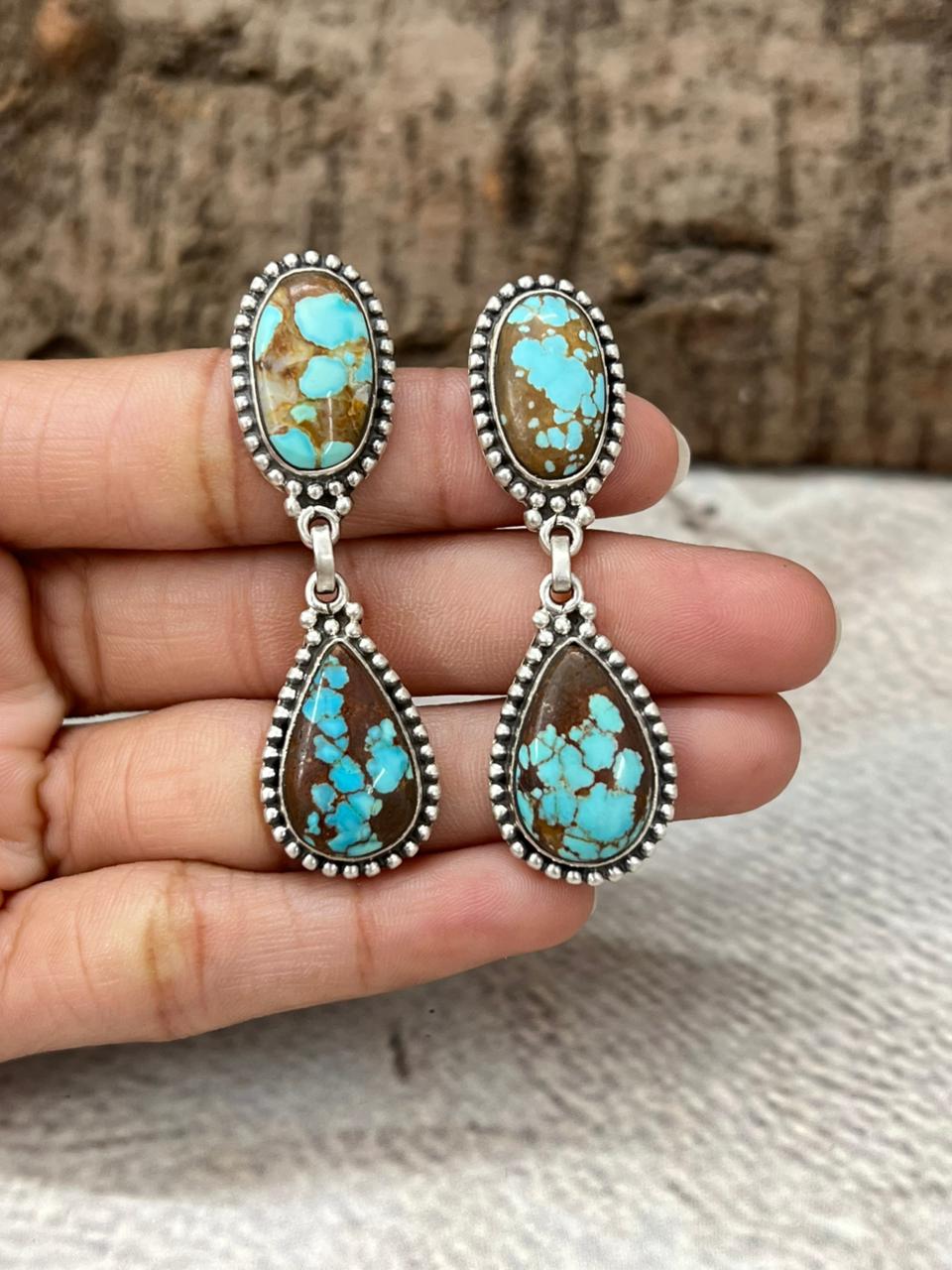 Handmade Sterling Silver Number 8 Turquoise Post Dangle Earrings with Signed Nizhoni (3)