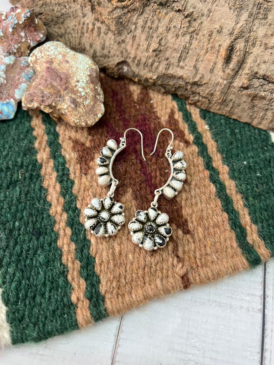 Handmade Sterling Silver White Buffalo Post Dangle Earrings with Signed Nizhoni (7)