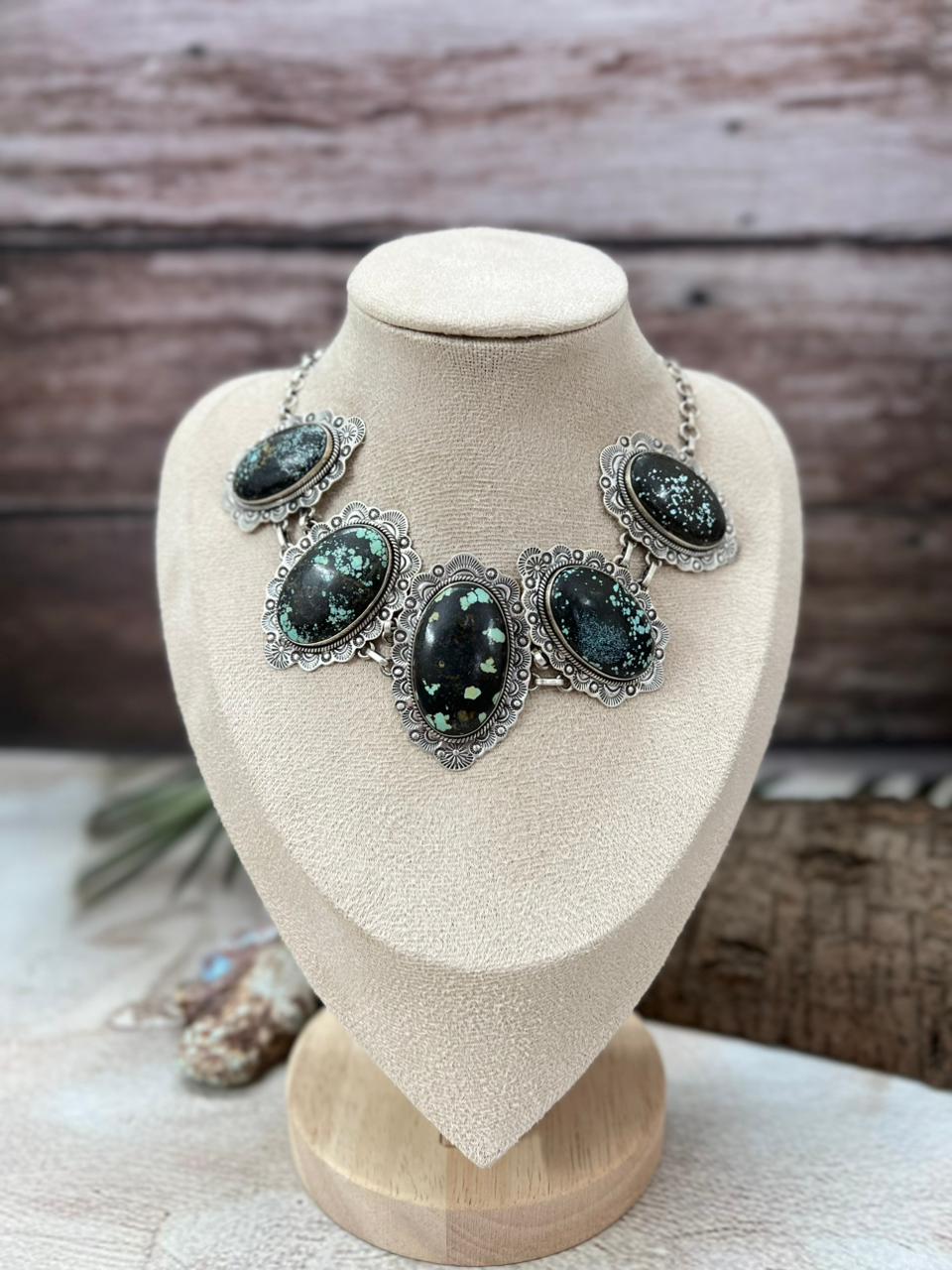 Handmade Sterling Silver Lander Turquoise Choker Necklace with Signed Nizhoni