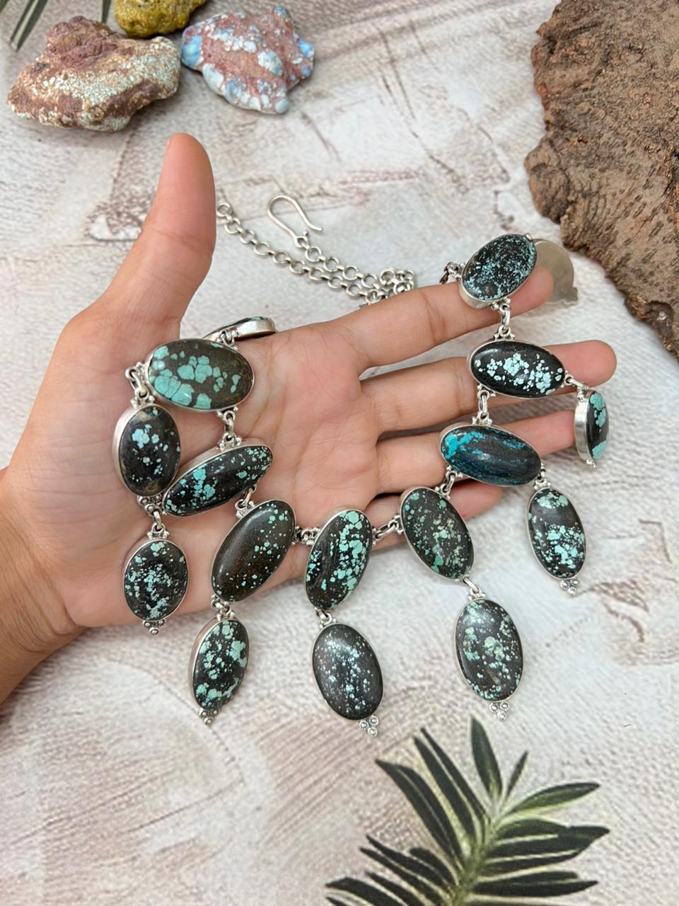 Handmade Sterling Silver Lander Turquoise Necklace with Signed Nizhoni