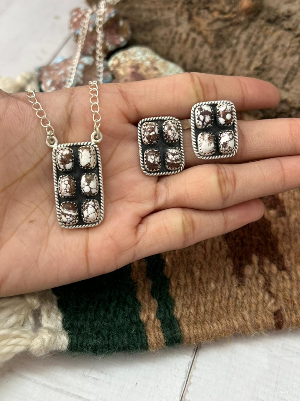 Handmade Sterling Silver Wild Horse Magnesite Necklace Earrings Set with Signed Nizhoni