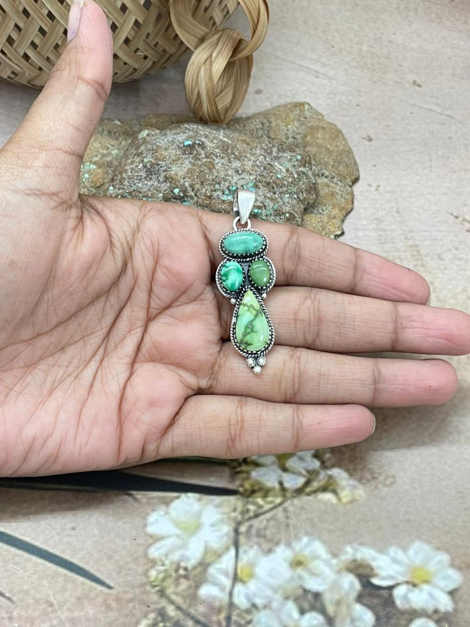 Handmade Sterling Silver Emerald Valley Pendant with Signed Nizhoni