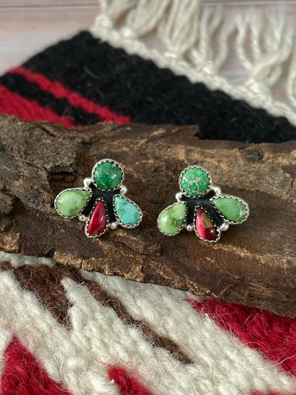 Handmade Sterling Silver Dahlia Rose with Emerald Valley Turquoise Post Earrings "Signed Nizhoni"