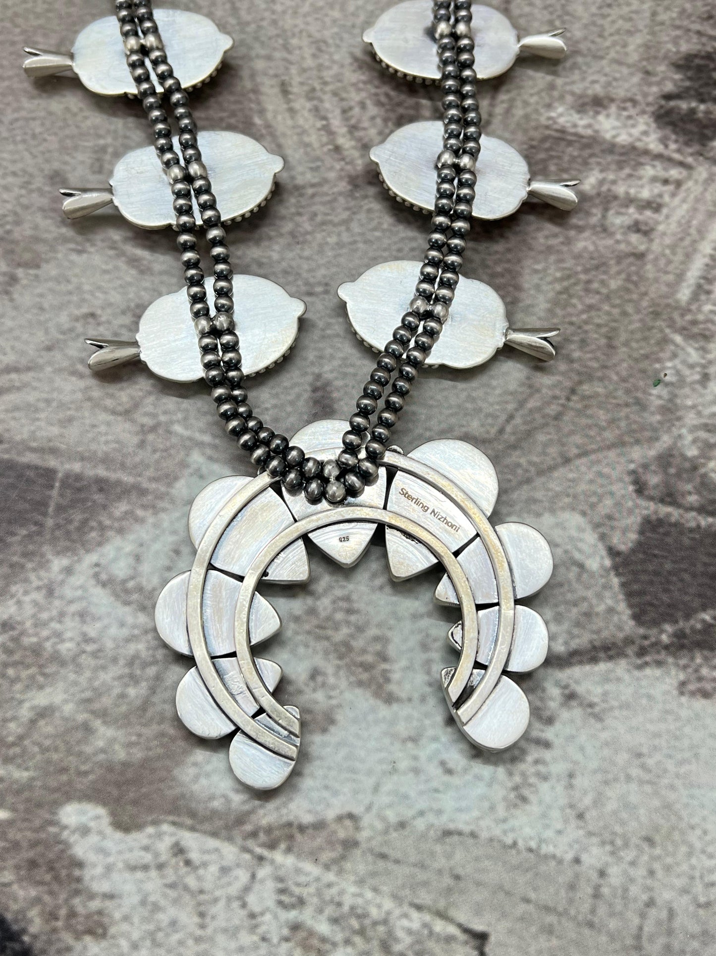 Handmade Sterling Silver Beaded Hardy Pit Squash Blossom Necklace with Signed Nizhoni