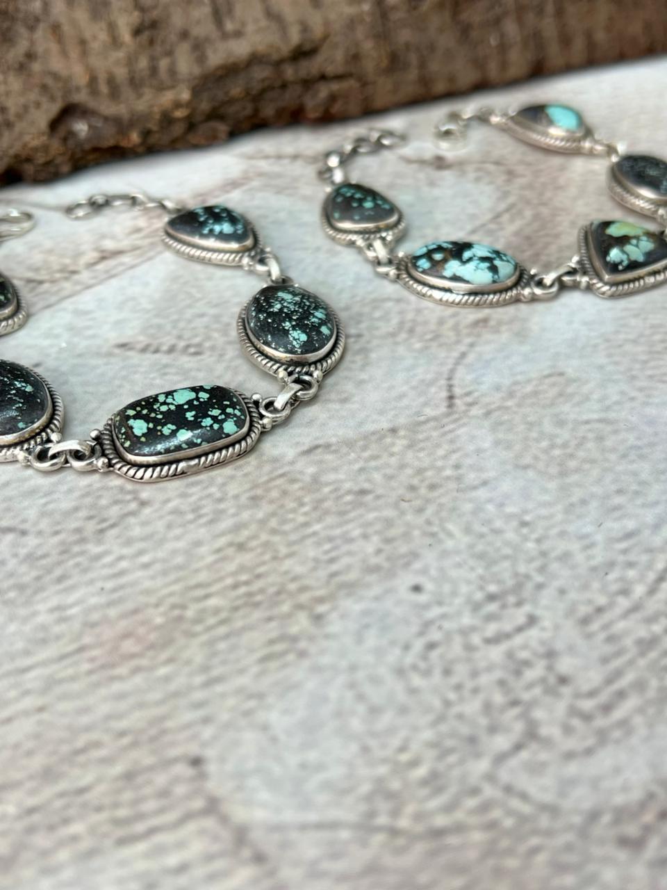 Handmade Sterling Silver Lander Turquoise Chain Bracelet with Signed Nizhoni