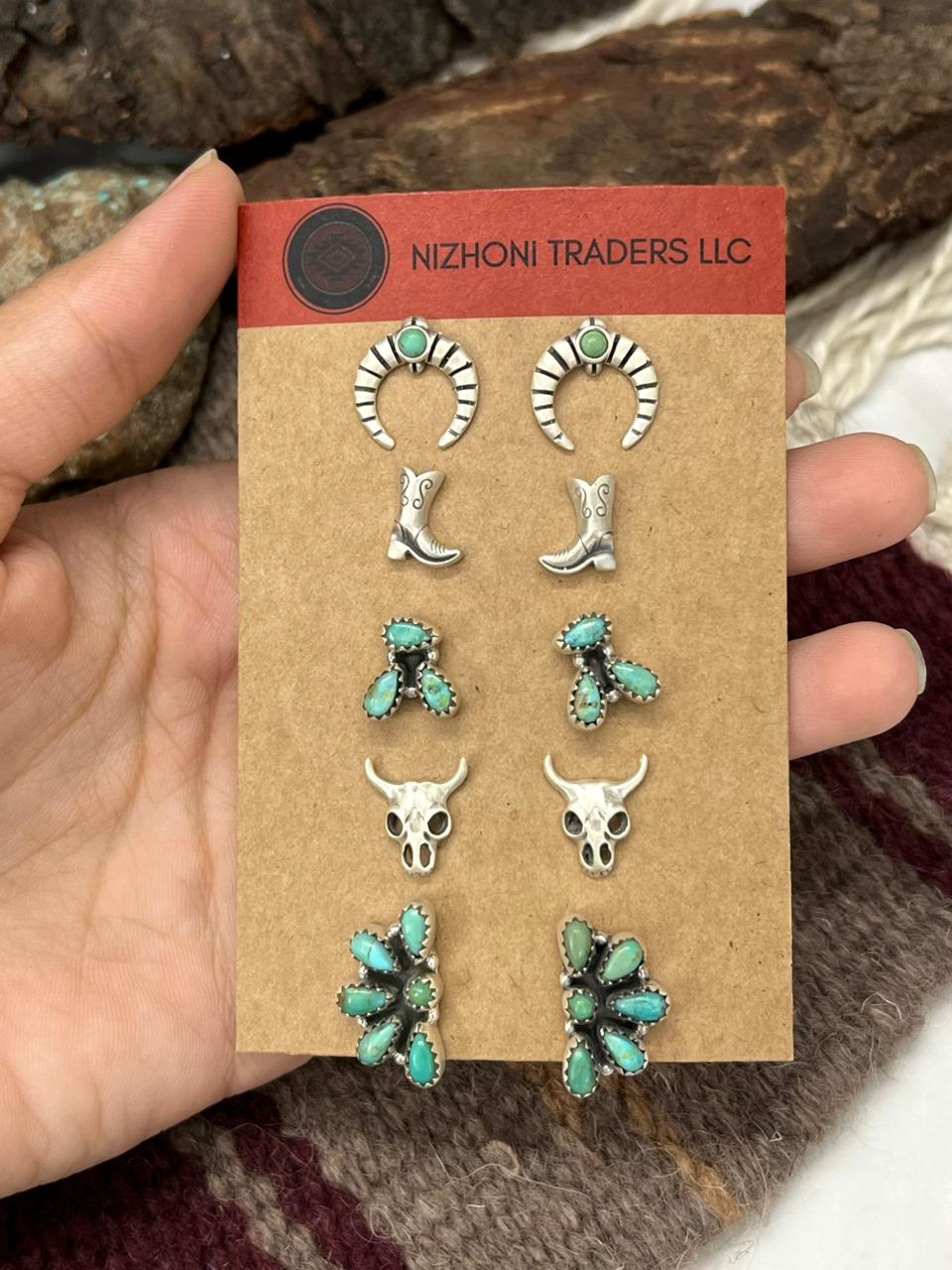 Handmade Sterling Silver Kingman Turquoise Post Studs (Cards) Earring Set